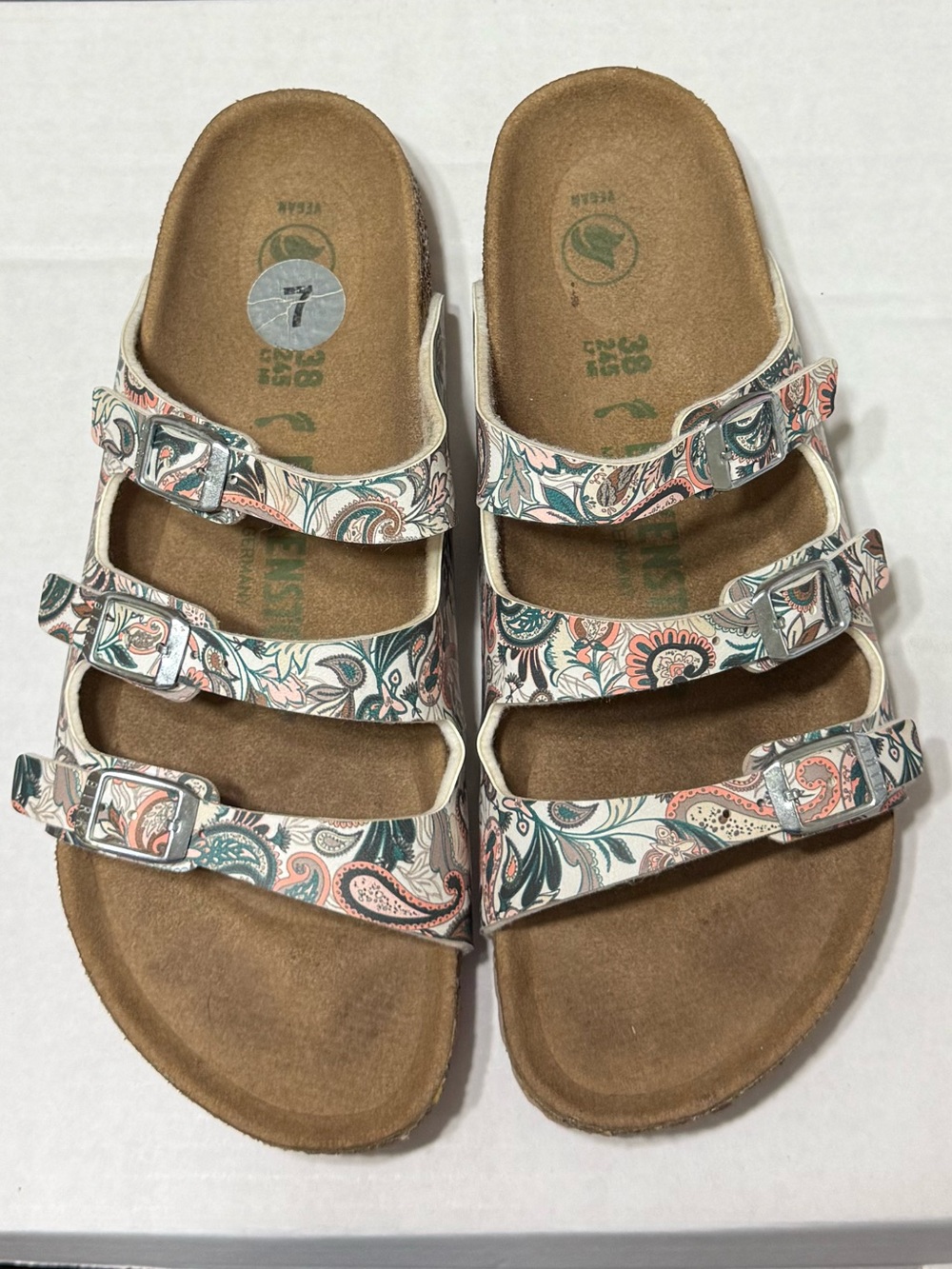 Birkenstock Triple-Strap Sandals - White with Coral & Teal Paisley size 7/38